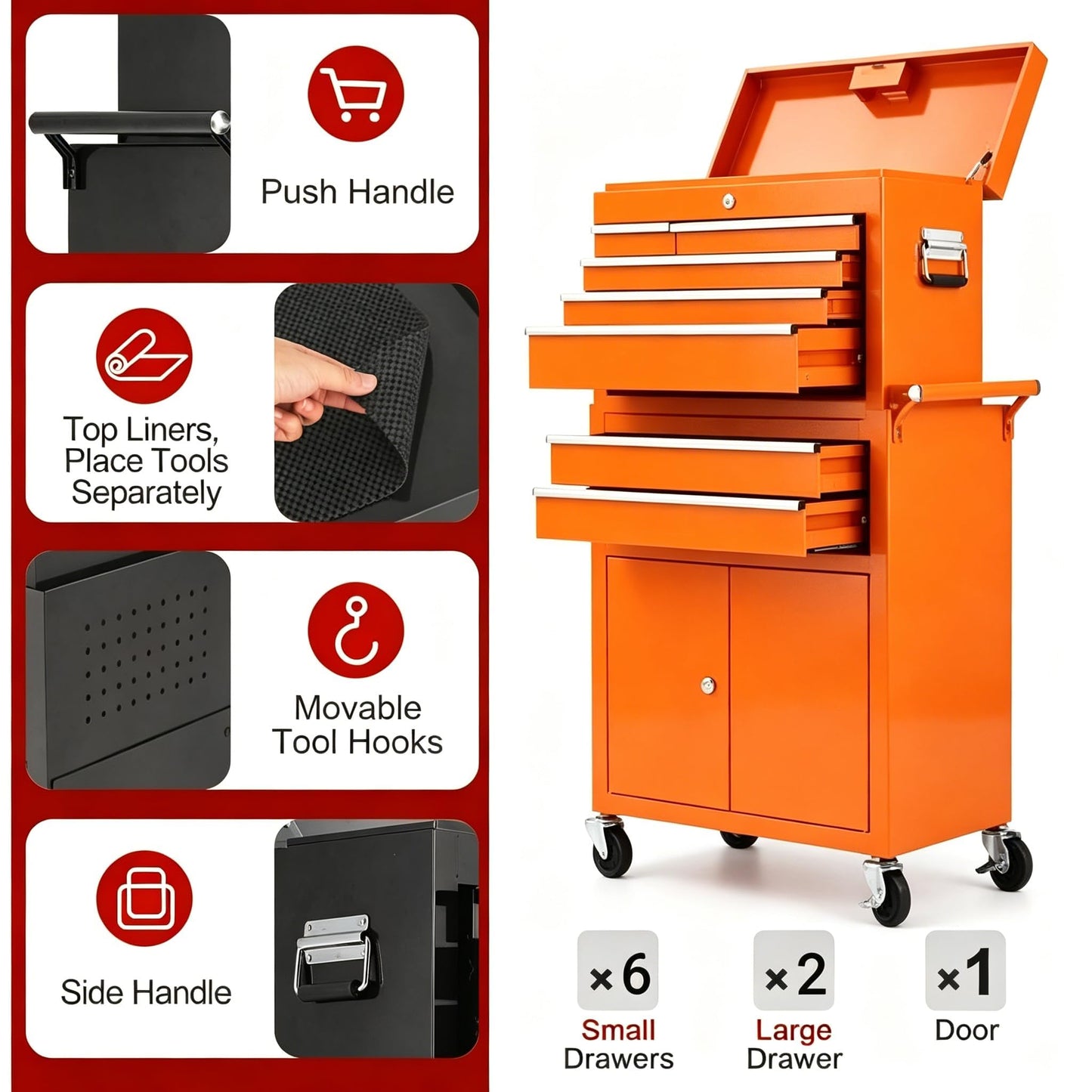 MilleLoom 8 Drawer Tool Chest with Wheels, 2 in 1 Detachable Rolling Tool Box Cabinet, Locking Metal Tool Storage Organizer with Portable Top Chest for Garage Workshop, Orange