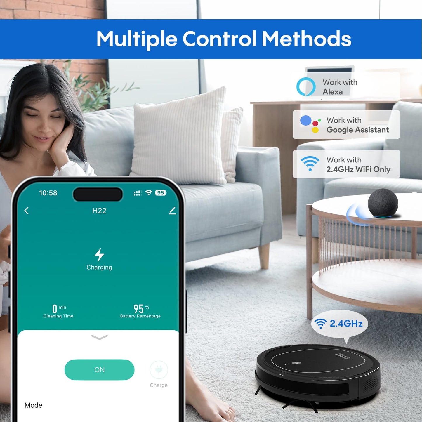 Robot Vacuum and Mop Combo, 3 in 1 Robotic Vacuums Cleaner with 4000Pa Suction, WiFi/App/Alexa, Central Brush & Scheduled & Self-Charging, Slim Vacuum Robot Cleaner for Pet Hair, Hard Floor, Carpet
