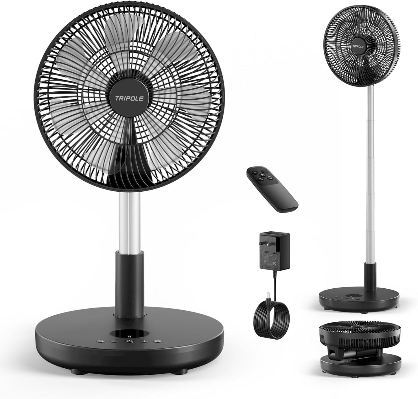 TriPole 12" Portable Rechargeable Standing Fan - Foldable Design, Remote Control, 6 Speeds, Adjustable Height, Black