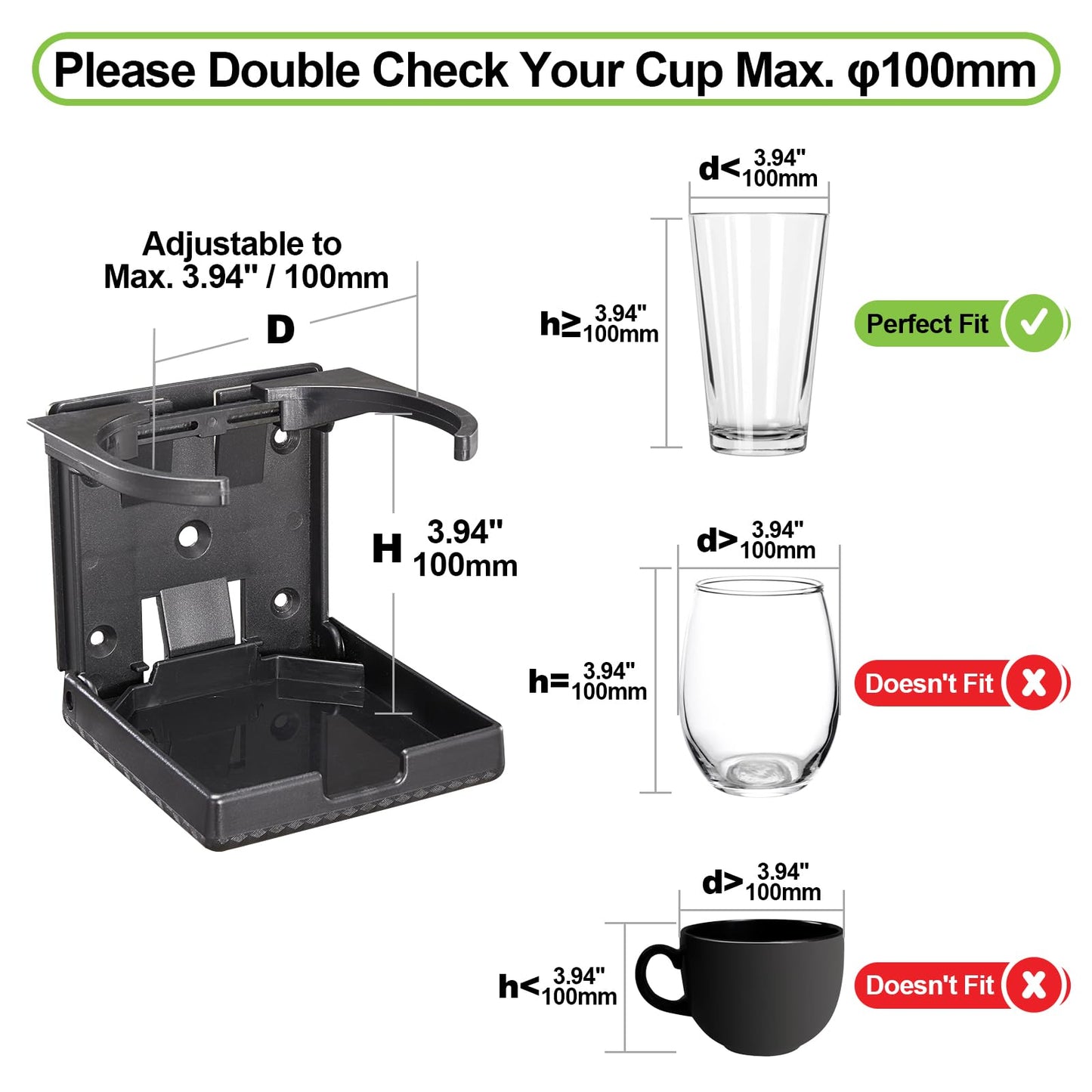 Spurtar 2pcs Boat Cup Holder Suitable for Most Size Mugs Water Bottle Drink 2.36-3.94Inch/60-100MM Adjustable Folding Wall Car Desk Cup Holder for Trucks, RVs, Vans, Boats, Campers, Caravans