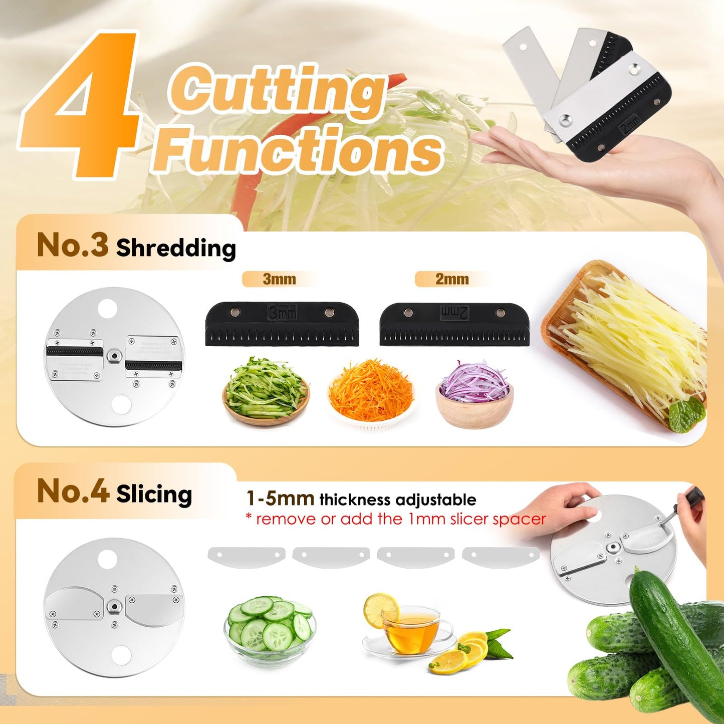 NEWTRY 4 in 1 Electric Vegetable Slicer Dicer Shredder & Strip Cutter, Commercial Automatic Multifunctional Food Chopper for Veggies & Fruits, with Thickness Adjustable Blades, 110V, 200W