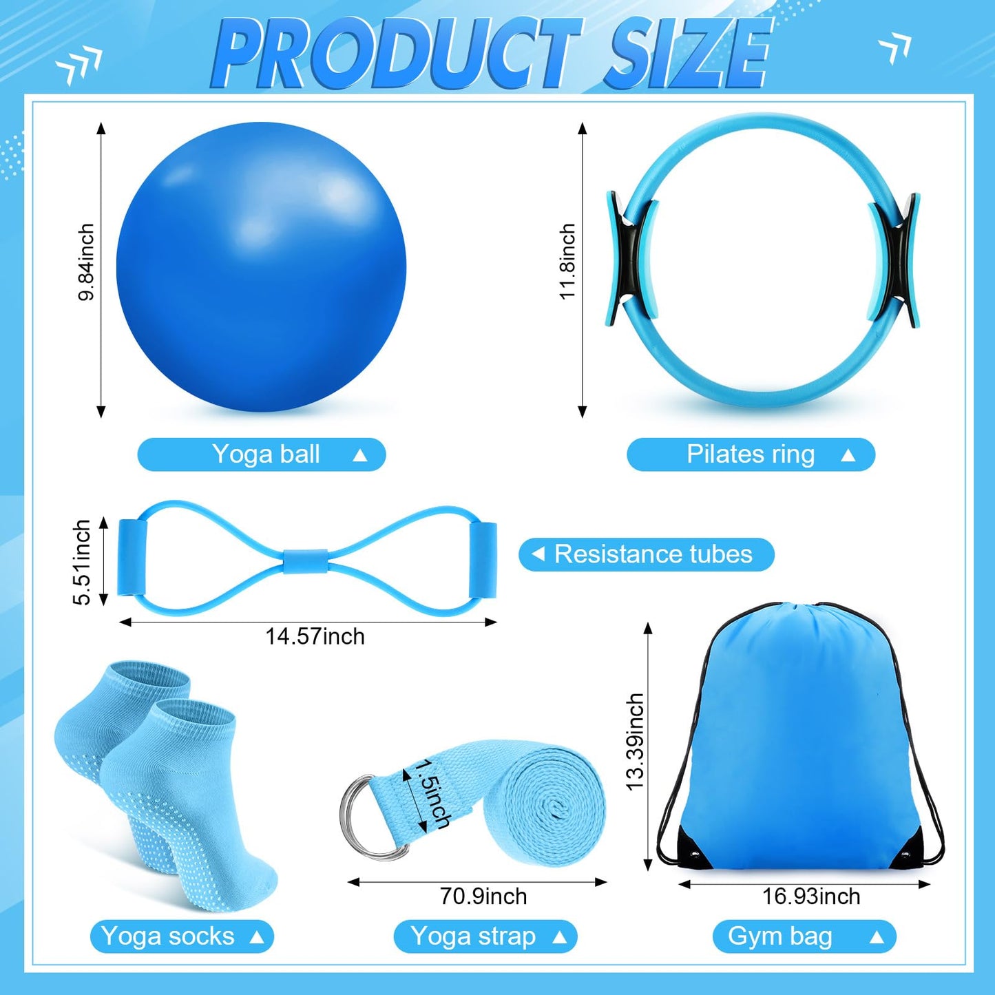 Poen 18 Pcs Home Pilates Ball and Ring Circle Set Yoga Fitness Essentials Kit with 5 Resistance Band Stretching Strap Non Slip Sock Ball Core Slider Wristband Headband Gym Bag for Women(Blue)