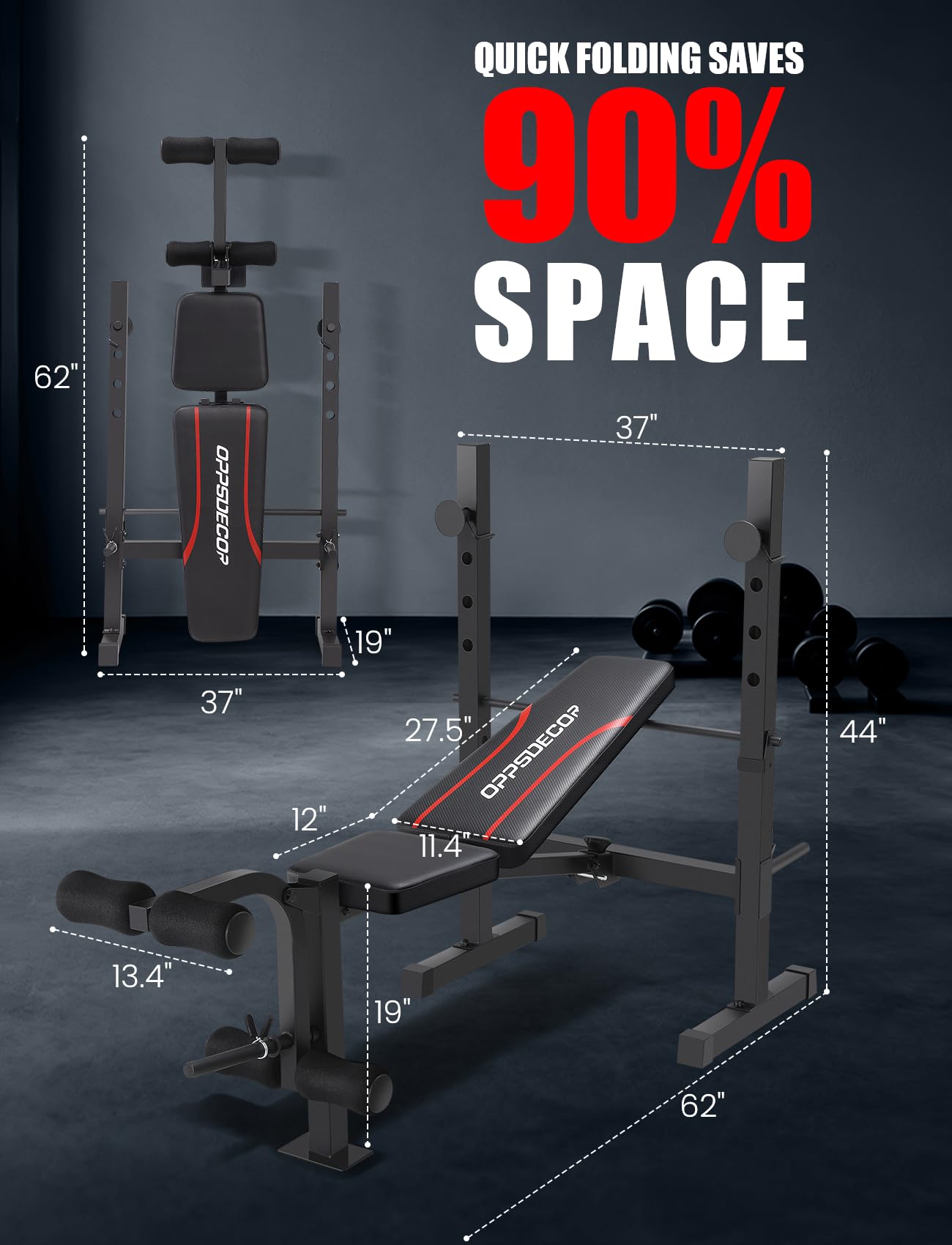 OPPSDECOR Adjustable Weight Bench Set with Squat Rack, 3 Sec Folding Workout Bench for Full Body Exercise, 600LBS All-in-One Bench Press with Leg Curl & Leg Extension, Incline Decline Flat Home Gym Bench