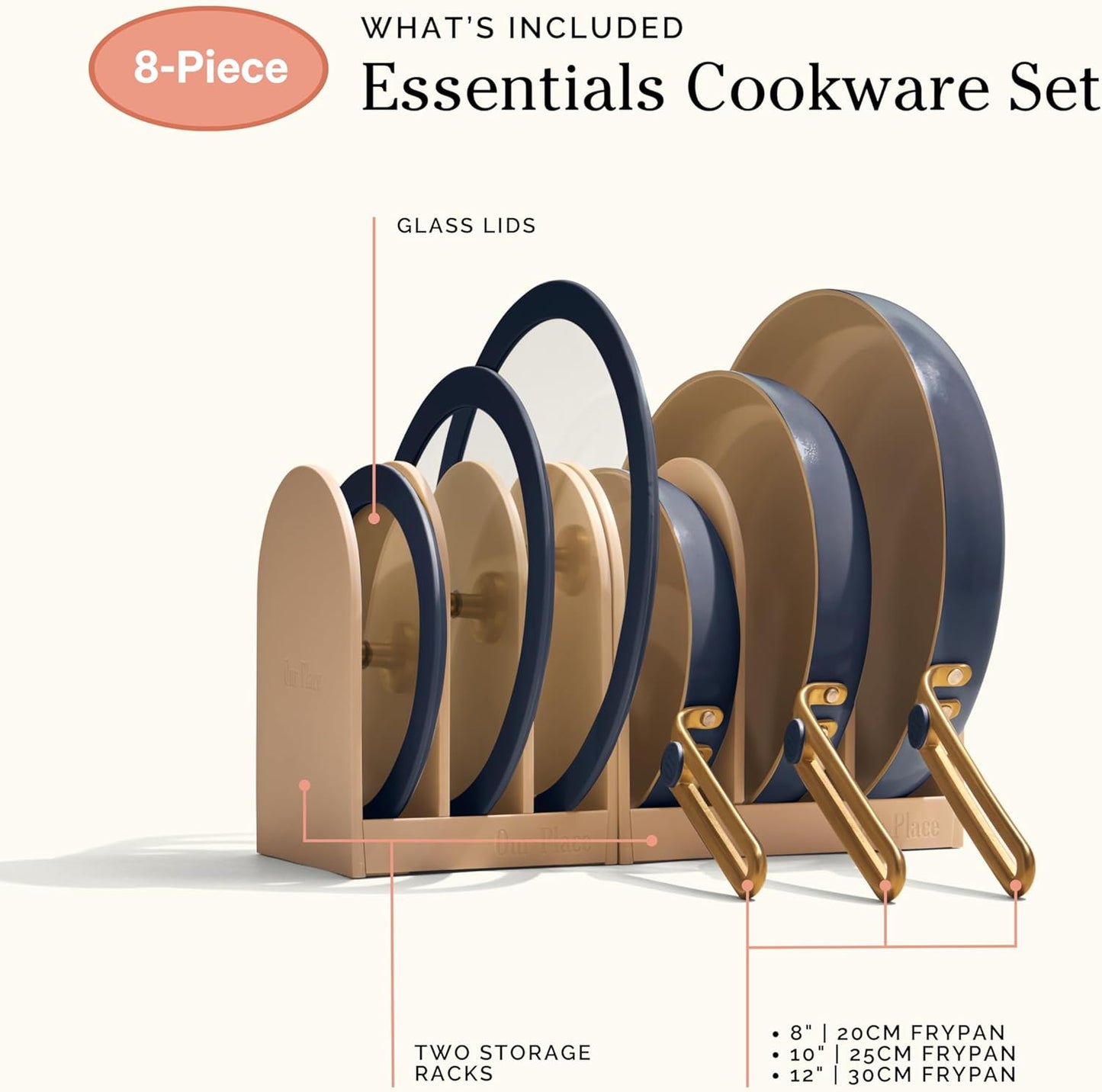 Our Place 8-Piece Cookware Set - Nontoxic Thermakind™ Nonstick Ceramic Fry Pans & Modular Rack | Oven Safe to 450°F, Blue Salt