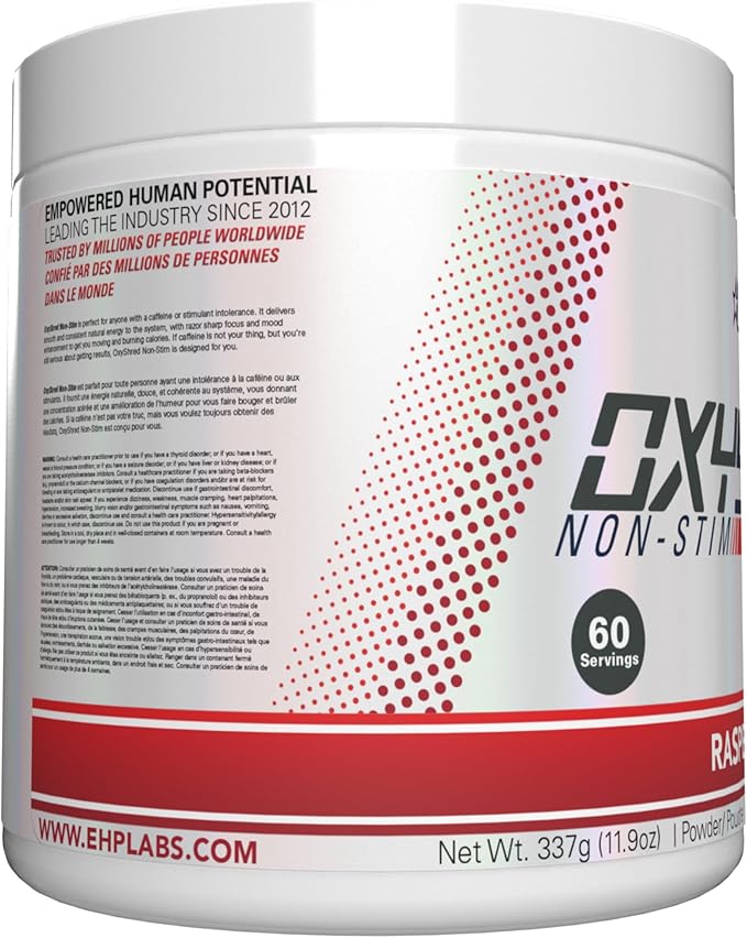 EHP Labs OxyShred Non Stimulant Pre Workout Powder - Stim Free, Caffeine Free Preworkout for Men & Women - Non Stim Preworkout - Sugar Free Energy Powder - Raspberry, 60 Servings