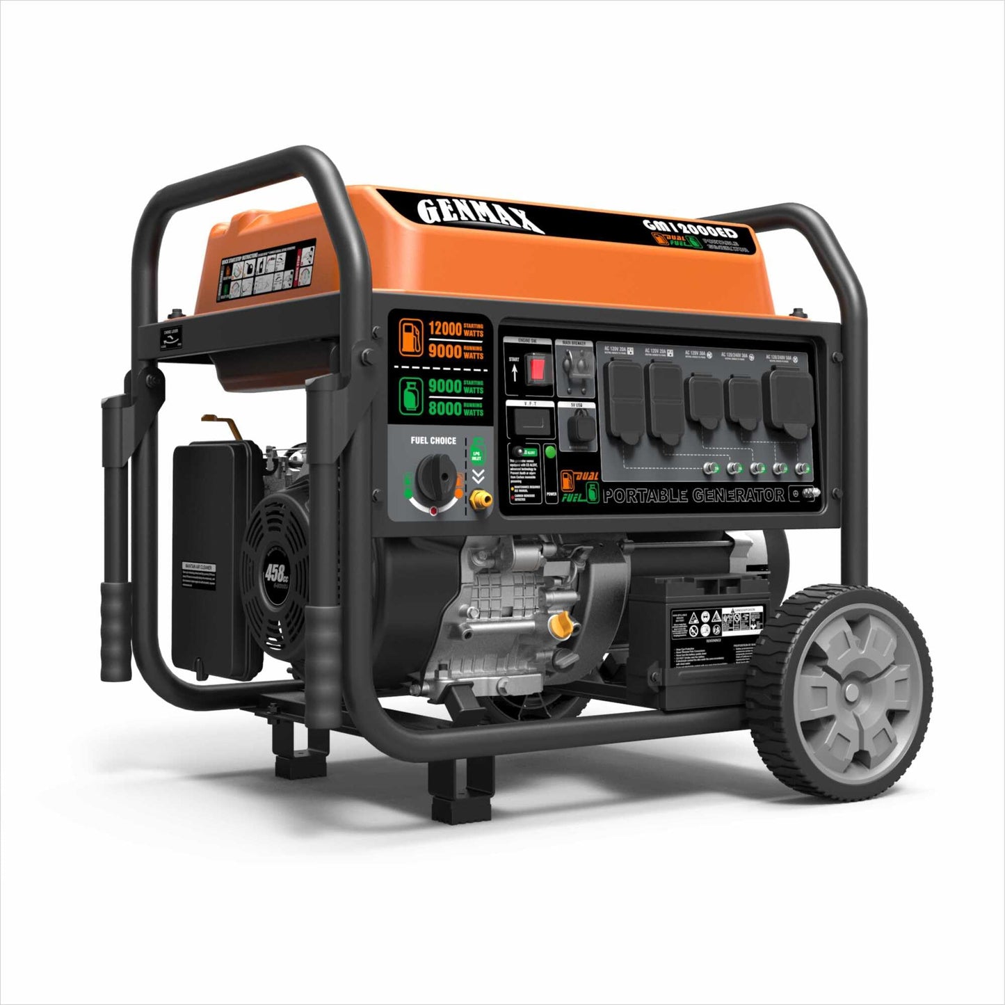 GENMAX Dual Fuel Portable Generator，GM12000ED Gas or Propane Powered Electric Start-Home Back Up, EPA Compliant