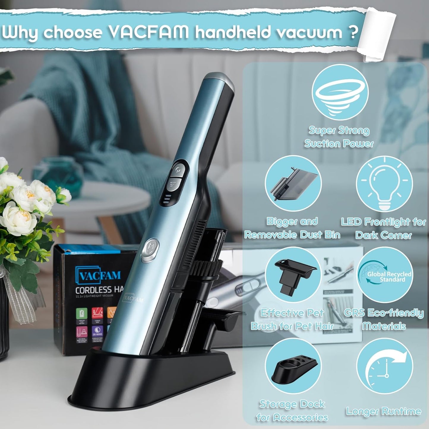 Skiennix Handheld Cordless Vacuum Cleaner - 18KPa Suction Power, Quick-Charge & LED Headlight, Blue