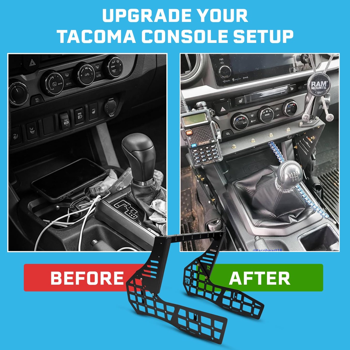 Rago Fabrication Center Console Molle Storage Panel Compatible with 3rd Gen Tacoma 2016-2023 - Pickup Interior Organizer, Modular Gear Mount System for Tablets & GPS