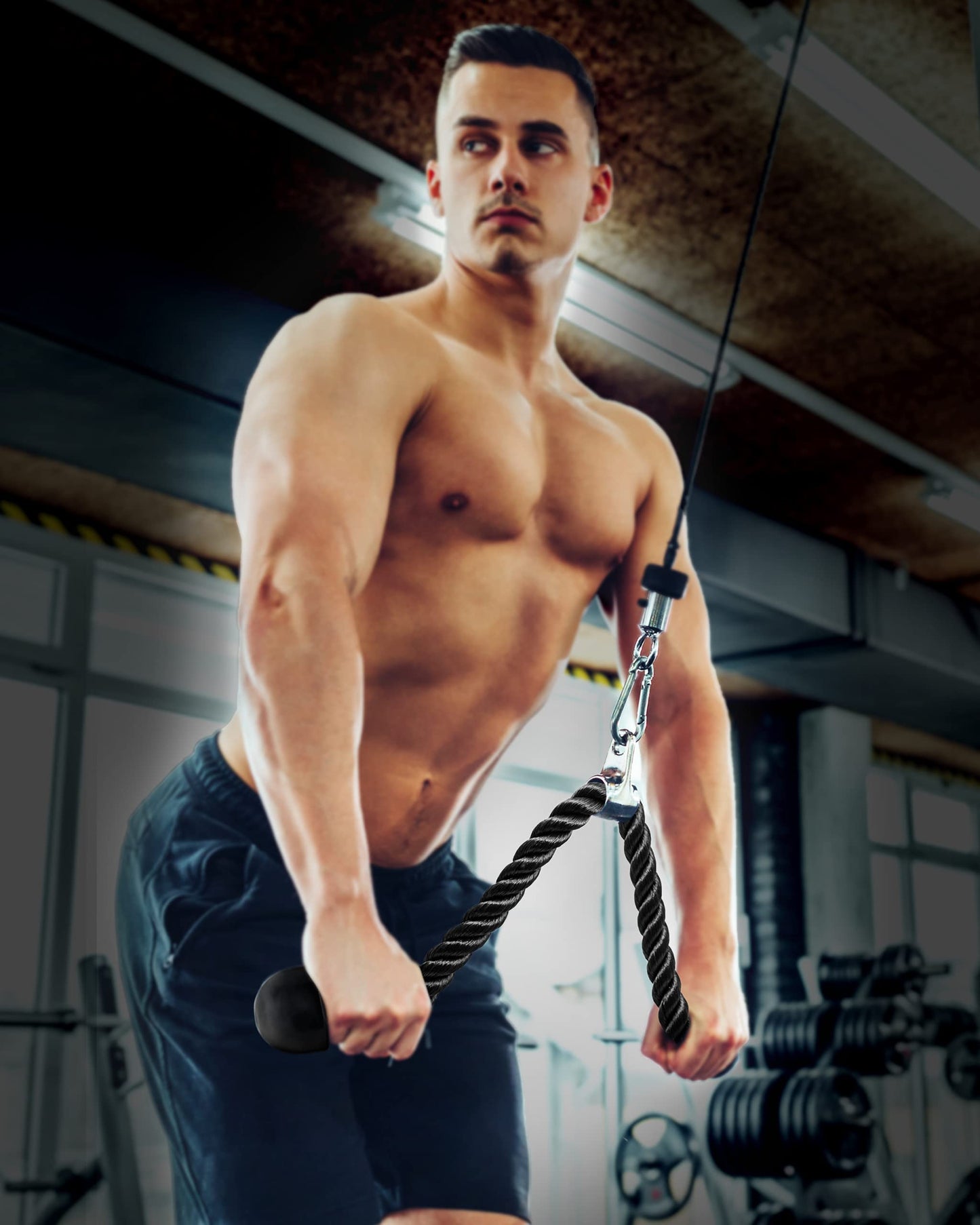 Fitness Invention Tricep Rope Cable Attachment 35" - Cable Machine Handles 2X - Carabiner Clips 3X - Tricep Pull Down Rope for Gym