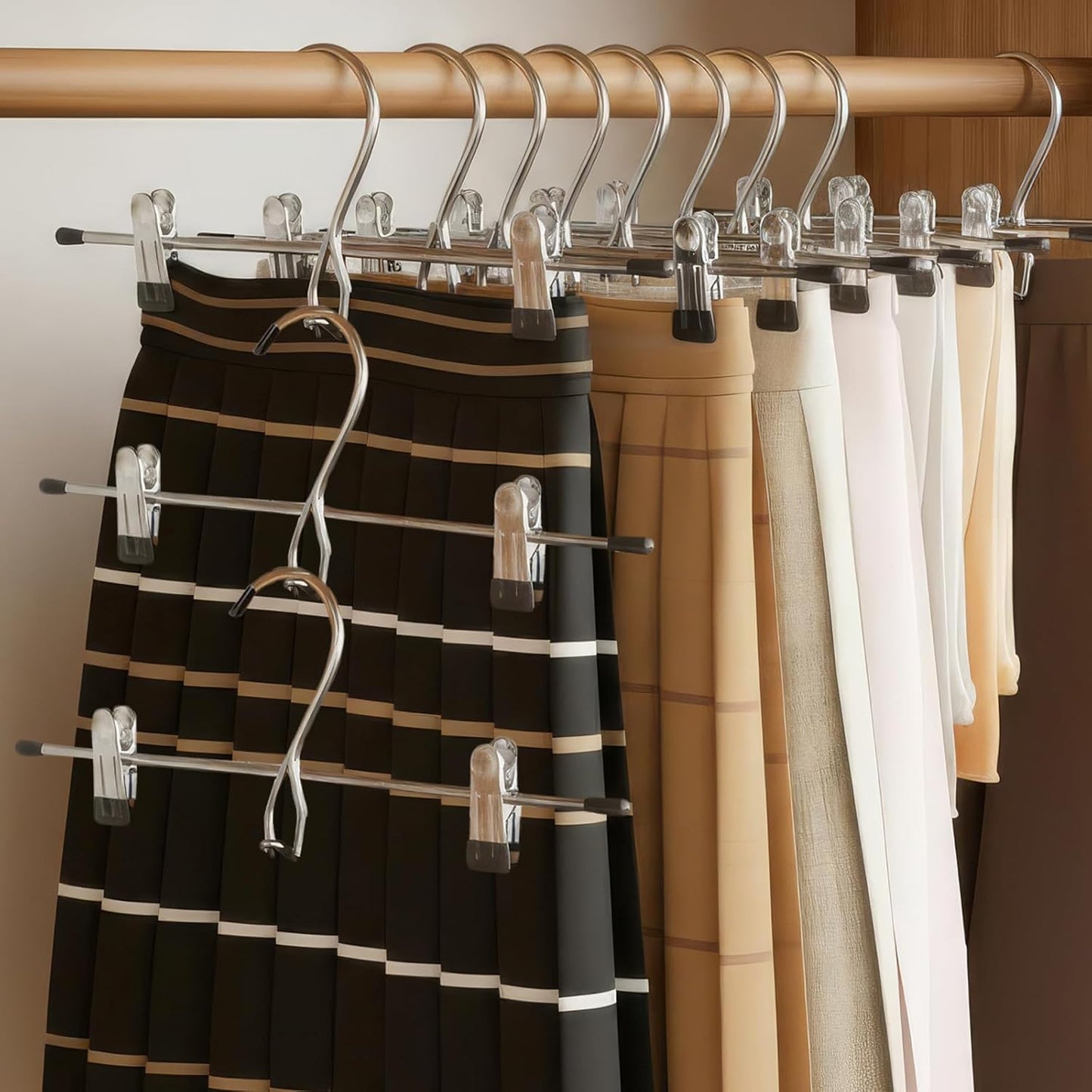 Skiennix Pants Hangers with Clips - 10 Pack Stackable Skirt Hangers for Space-Saving Closet Organization