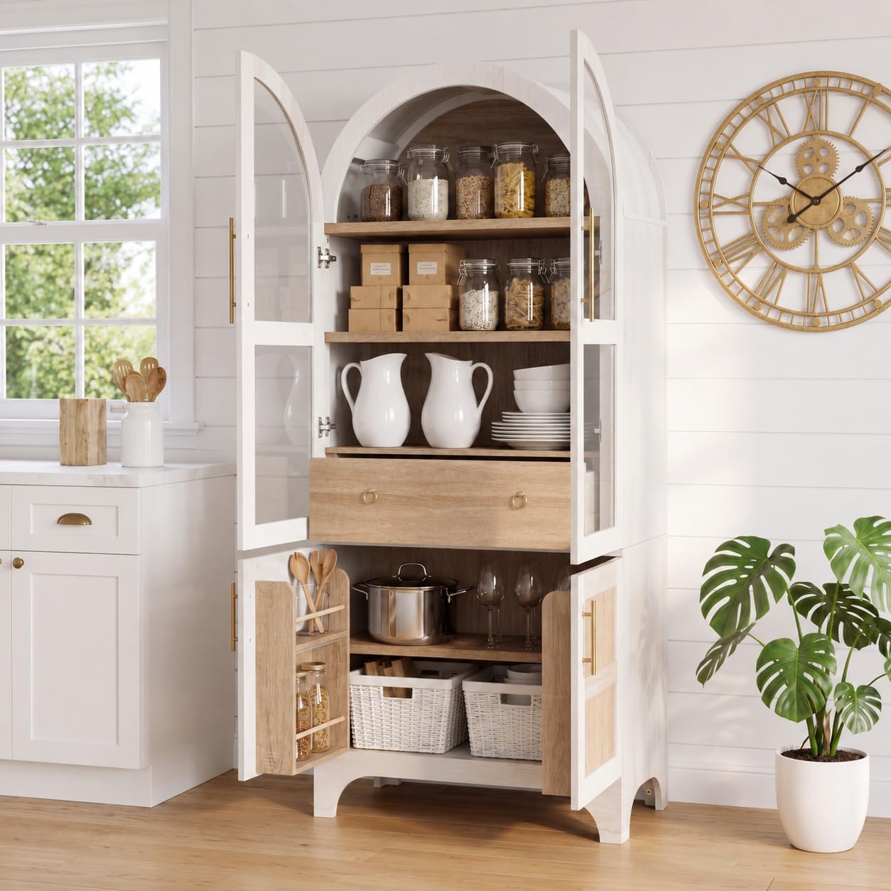 71" Tall Arched Kitchen Pantry Cabinet with Hidden Large Drawers,Food Pantry Storage Cabinet with Glass Door,3 Adjustable Shelves,4 Door Shelves,Freestanding Cupboard for Kitchen, Dining Room(White)