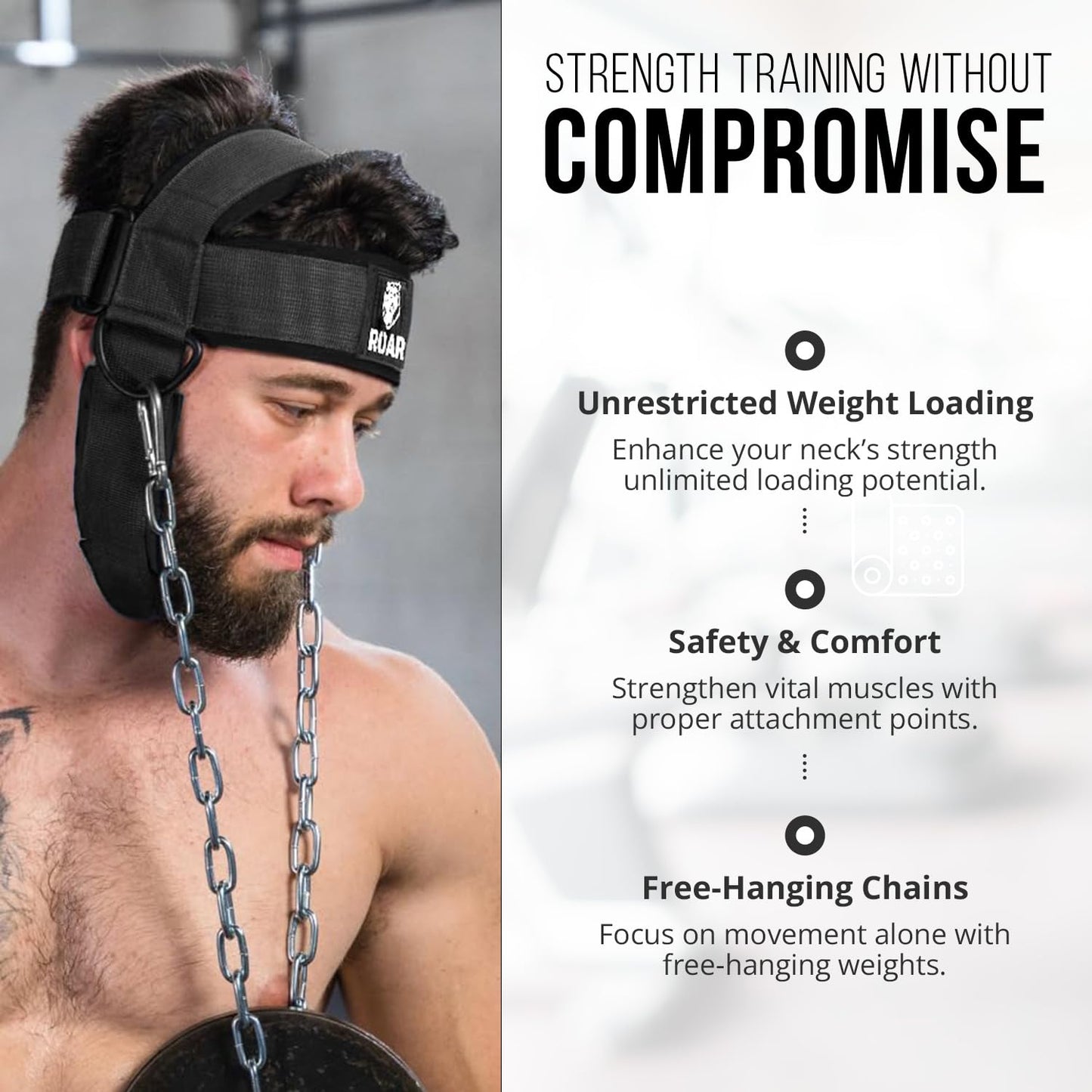 Roar® Neck Harness for Weight Training with Steel Chain & Heavy-Duty D-Rings – Padded Neoprene Head Strap, 4-Way Neck Strength Trainer for MMA, Boxing, Wrestling & Gym – Adjustable, Comfortable & Durable