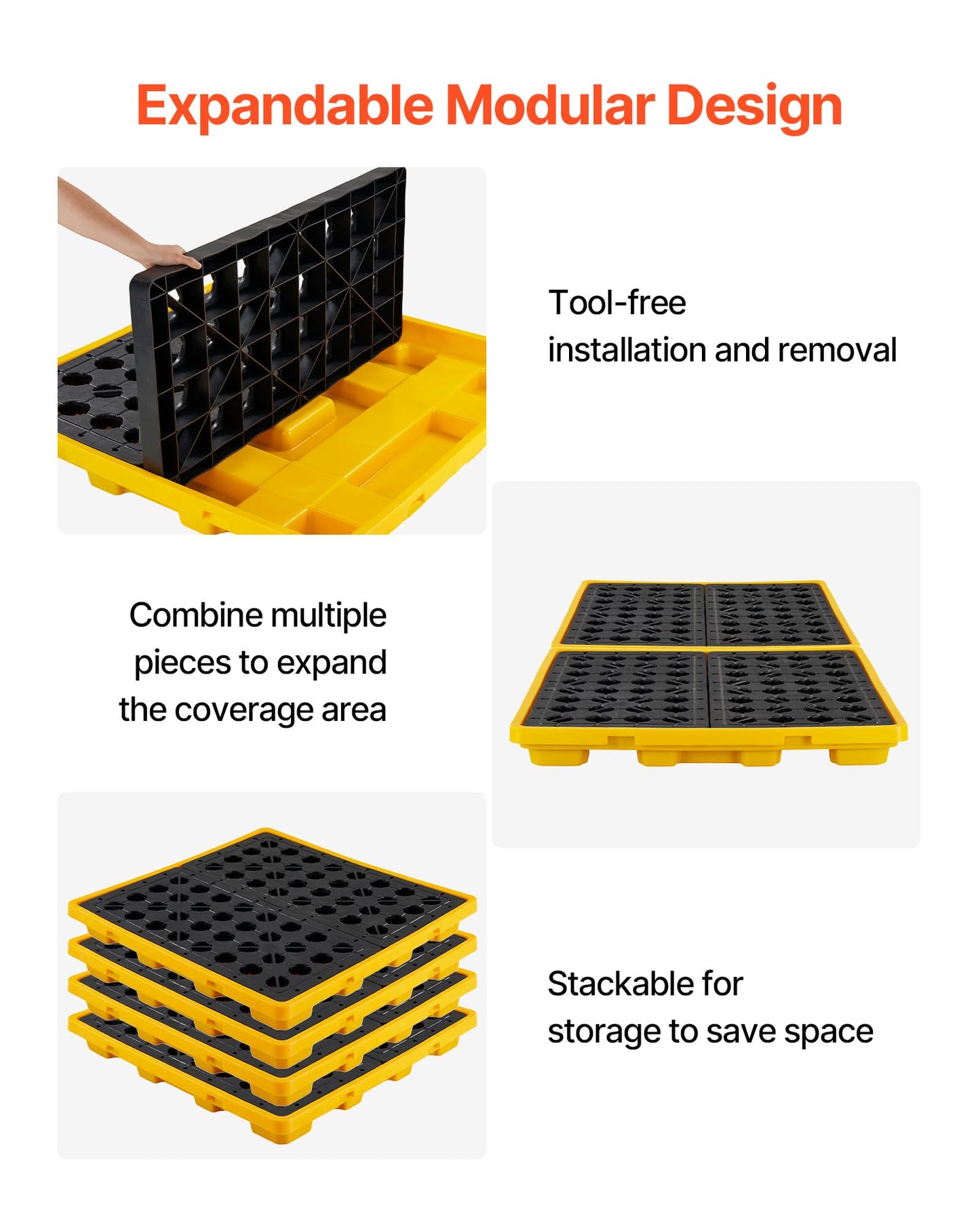 VEVOR Spill Containment Pallet, 4 Drum Low Profile Spill Containment Modular Platform, 31 Gallon Sump, 8818 lbs Load Capacity, Heavy-Duty Polyethylene Tray with Drain, 51.4" x 50.4" x 5.9", Yellow
