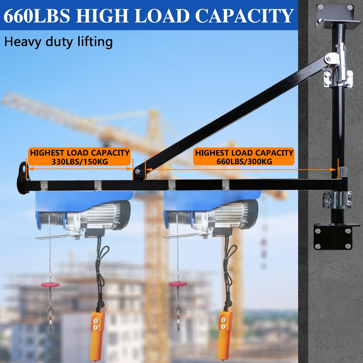 Erivanya Wall Mount Jib Crane, 180 Degree Rotation Electric Scaffolding Lift with 660lbs Max Load Capacity, Electric Hoist Holder Swing Arm with Pole