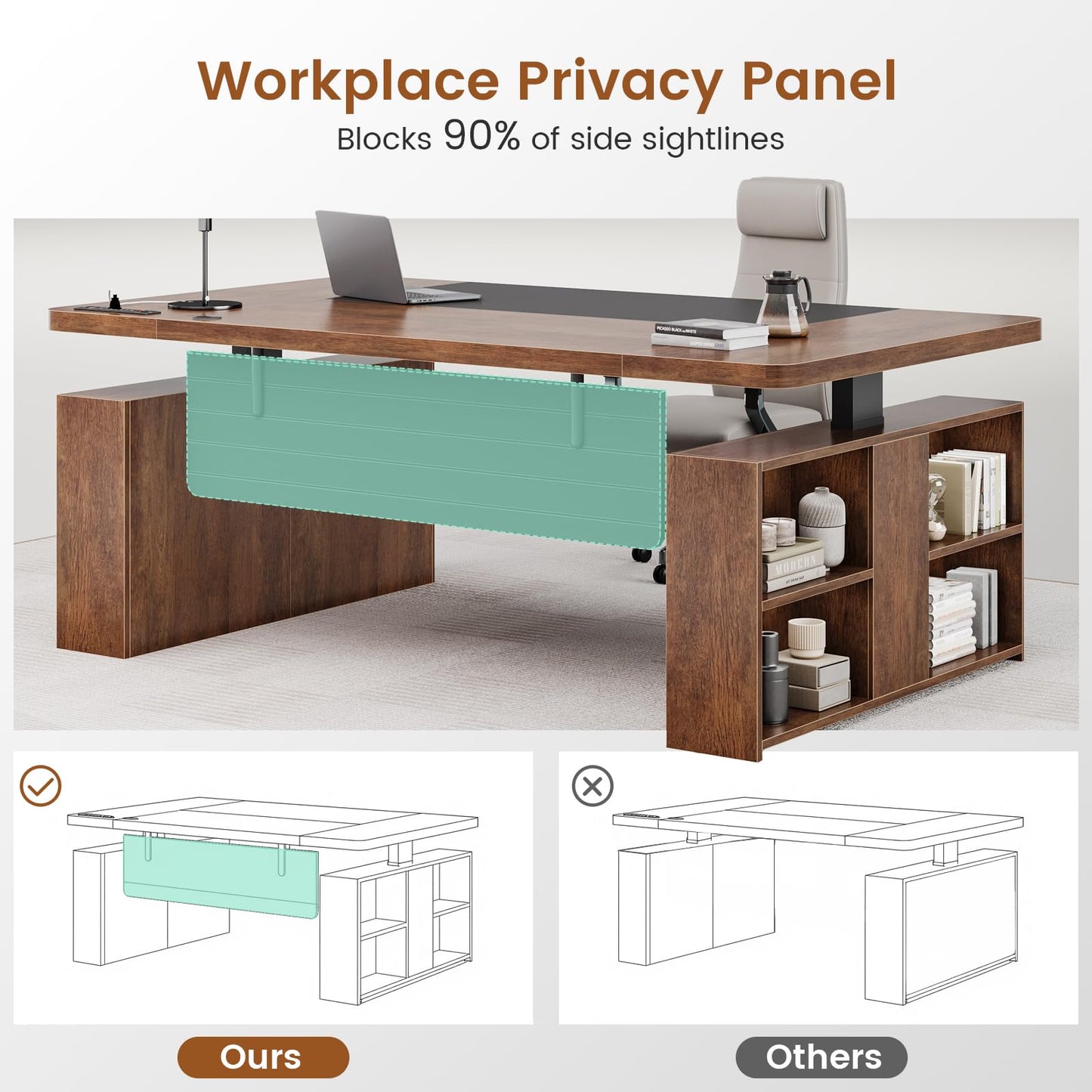 SEDETA 63" Executive Standing Desk with Storage, Executive Height Adjustable Desk with Power Outlets, Large Computer Office Desk with Privacy Panel for Home Office, Warm Golden Brown