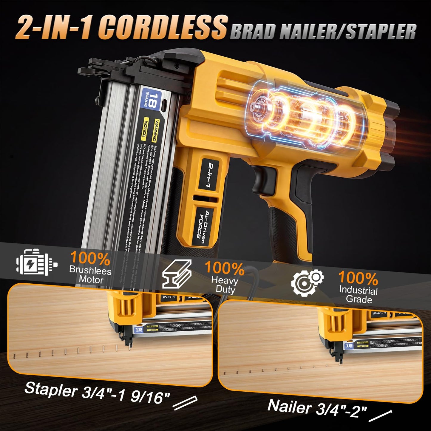 Cordless 2" Brad Nailer Compatible with DeWalt 20V Battery (No Battery), Heavy-Duty 2 IN 1 Electric Nail Gun/Staple Gun 18GA, Battery Powered Brad Nailer for Woodworking & Home Improvement, 6.68 LBS