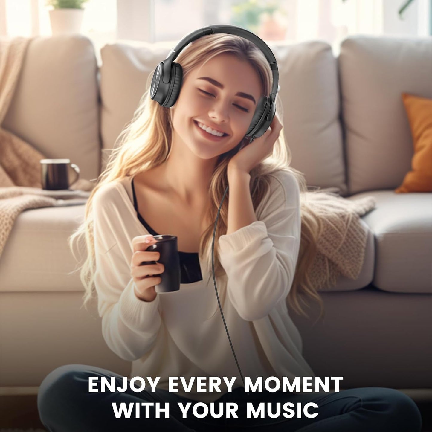 3.5mm Cowyawn Over Ear Headphones Wired, Foldable Wired Headphones with Microphone, Volume Control, HD Stereo Sound