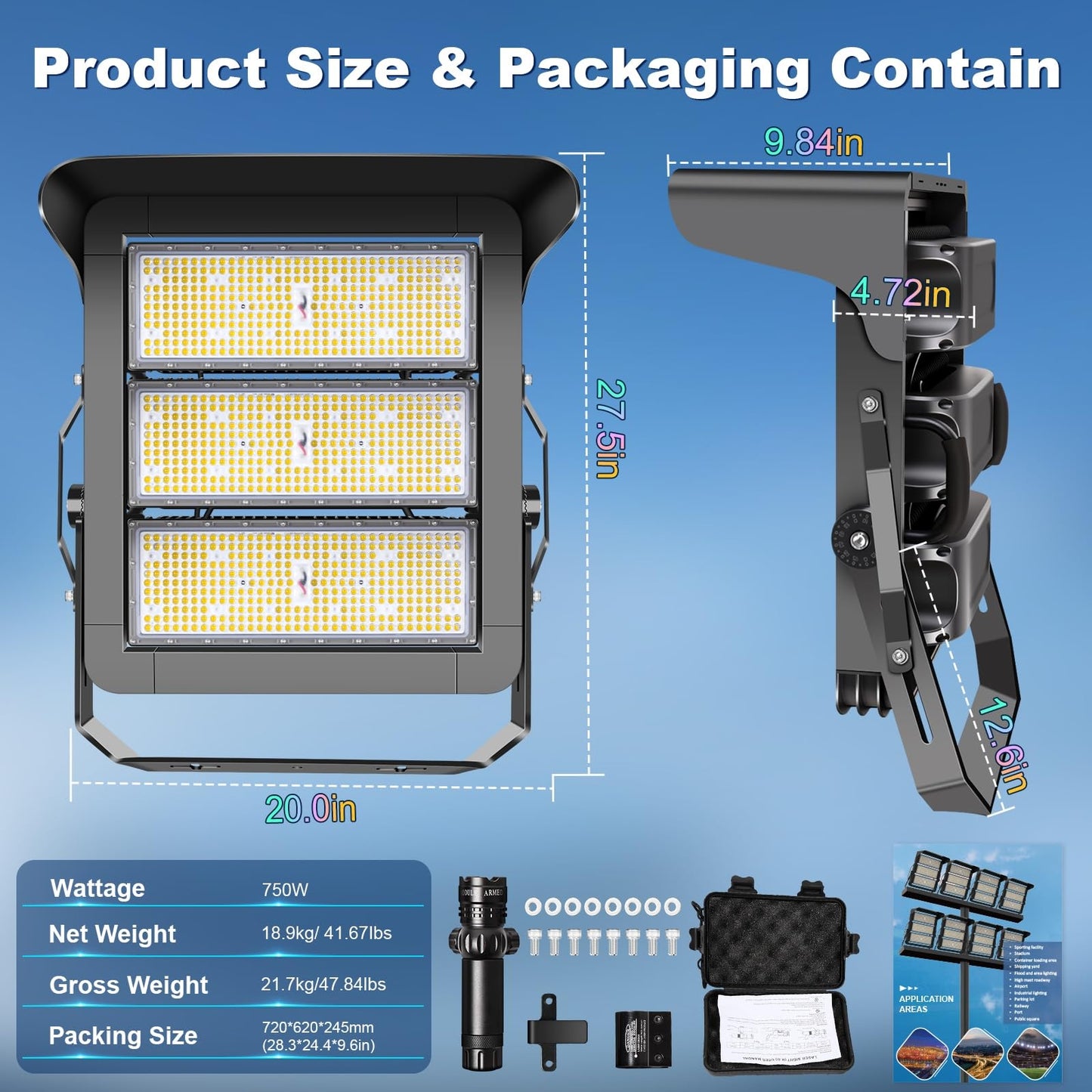 BIRITALO 112500LM Led Stadium Light Dimmable 0-750w Super Bright Led Arena Flood Lights Outdoor 100-277v 5000k Yoke U Mount IP66 Waterproof Outside Wall Light Commercial for Square, Golf Court, Port