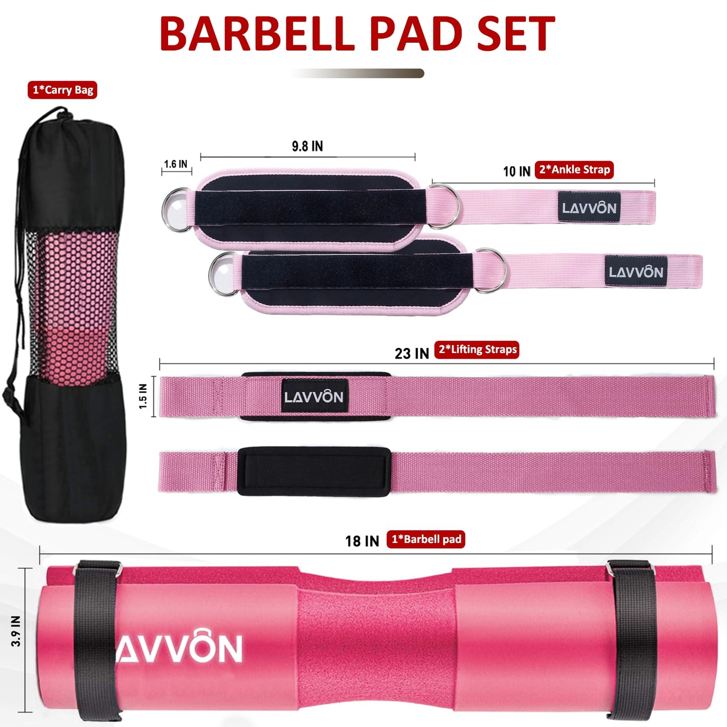Squat Pad Set - Foam Barbell Pad for Squats Cushion, Lunges & Bar Padding for Hip Thrusts -Standard Olympic Weight Bar Pad,Gym Accessories for Women(Ankle Straps,Wrist Straps for Weightlifting)(Pink)