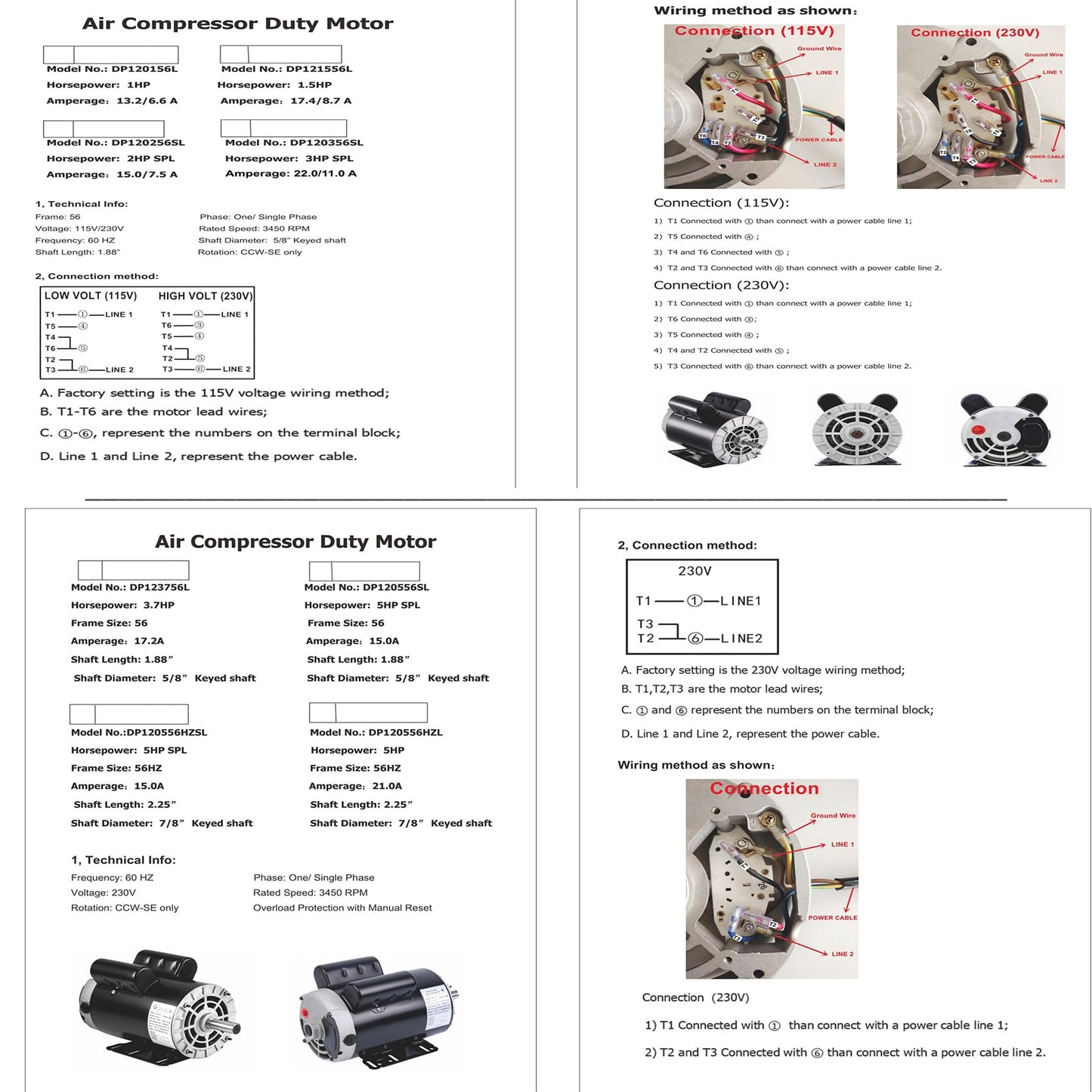 Kunray Air Compressor Motor, 3HP SPL Electric Motor, 56 Frame 3450 RPM,115/230V,18/9Amps Single Phase Motor, 5/8" Keyed Shaft, 1.88" Shaft Length 60 HZ,CCW Rotation