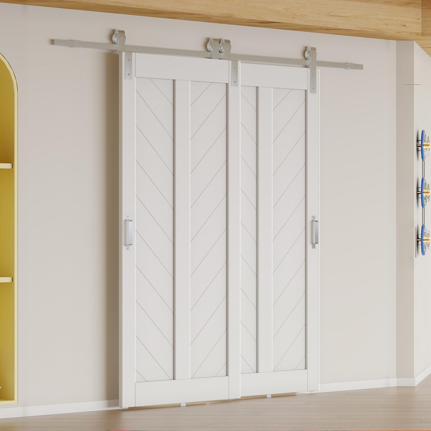 Lakenyon Bypass Barn Doors, 72" x 84" Sliding Barn Door with 6.6FT Silver Sliding Bypass Barn Doors Hardware Kit, Single-Track for Double V-Frame Doors, MDF & DIY Painted, Easy Installation - White
