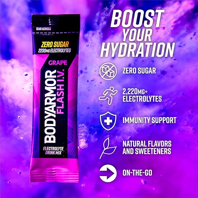 BODYARMOR Flash IV Electrolyte Packets, Grape - Zero Sugar Drink Mix, Single Serve Packs, Coconut Water Powder (6 Count)