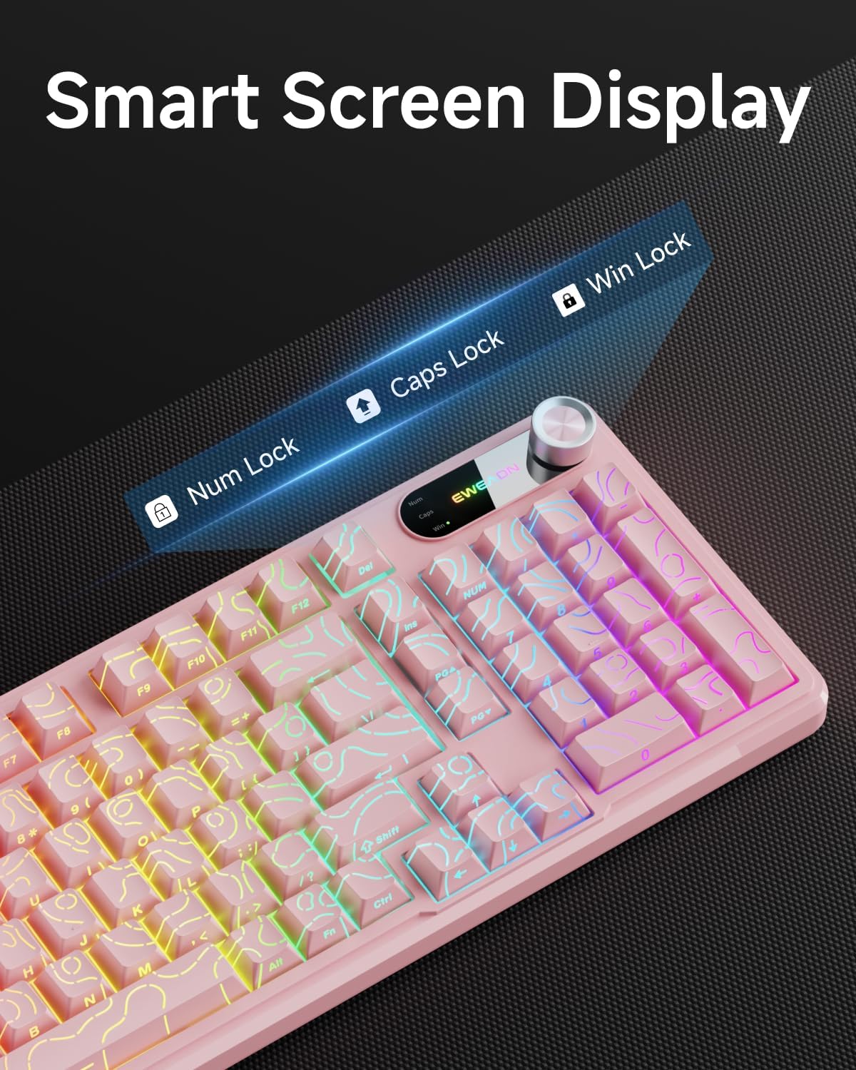 EWEADN V102 98 Wired Keyboard, Keys Creamy Gaming Keyboard with Number Pad, Display Screen & Media Knob RGB Silent