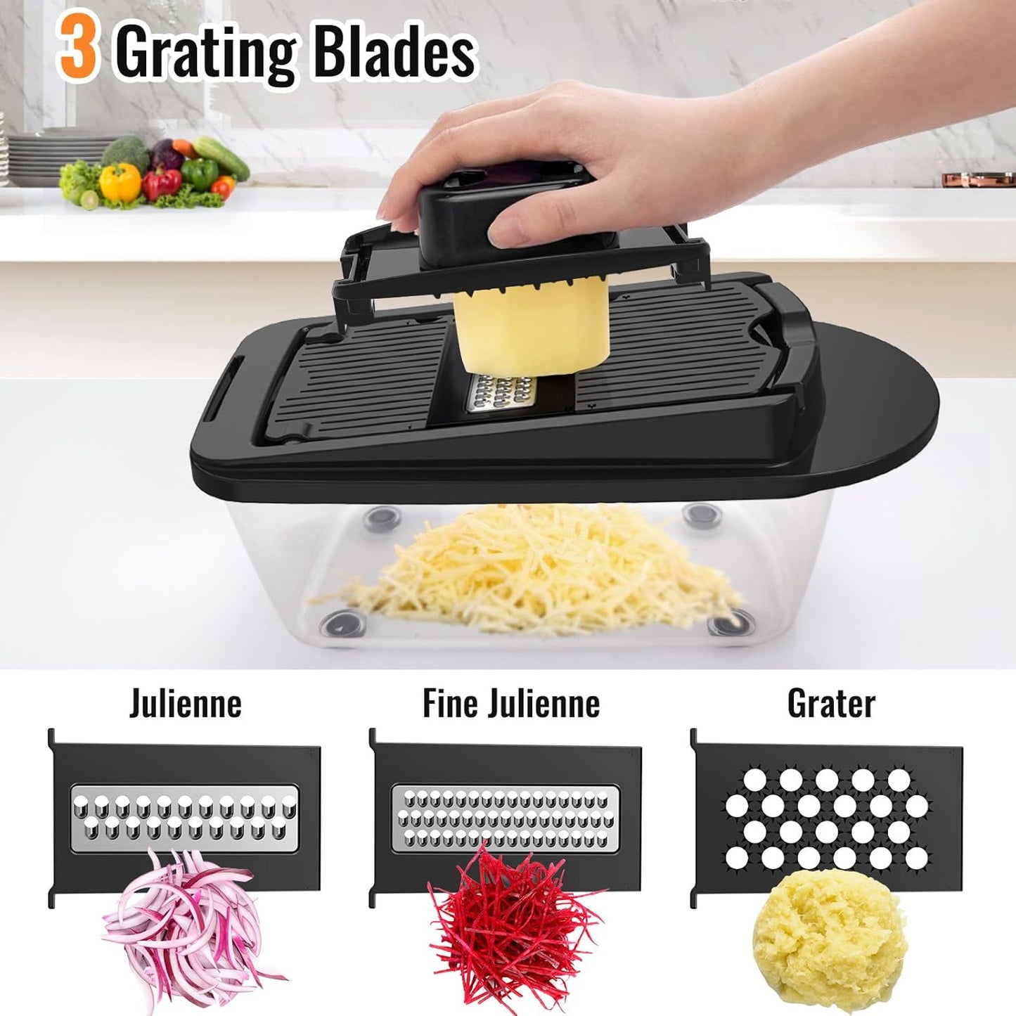 Skiennix 8-Blade Vegetable Chopper - All-in-One Mandoline Slicer with Container | Black Kitchen Gadget