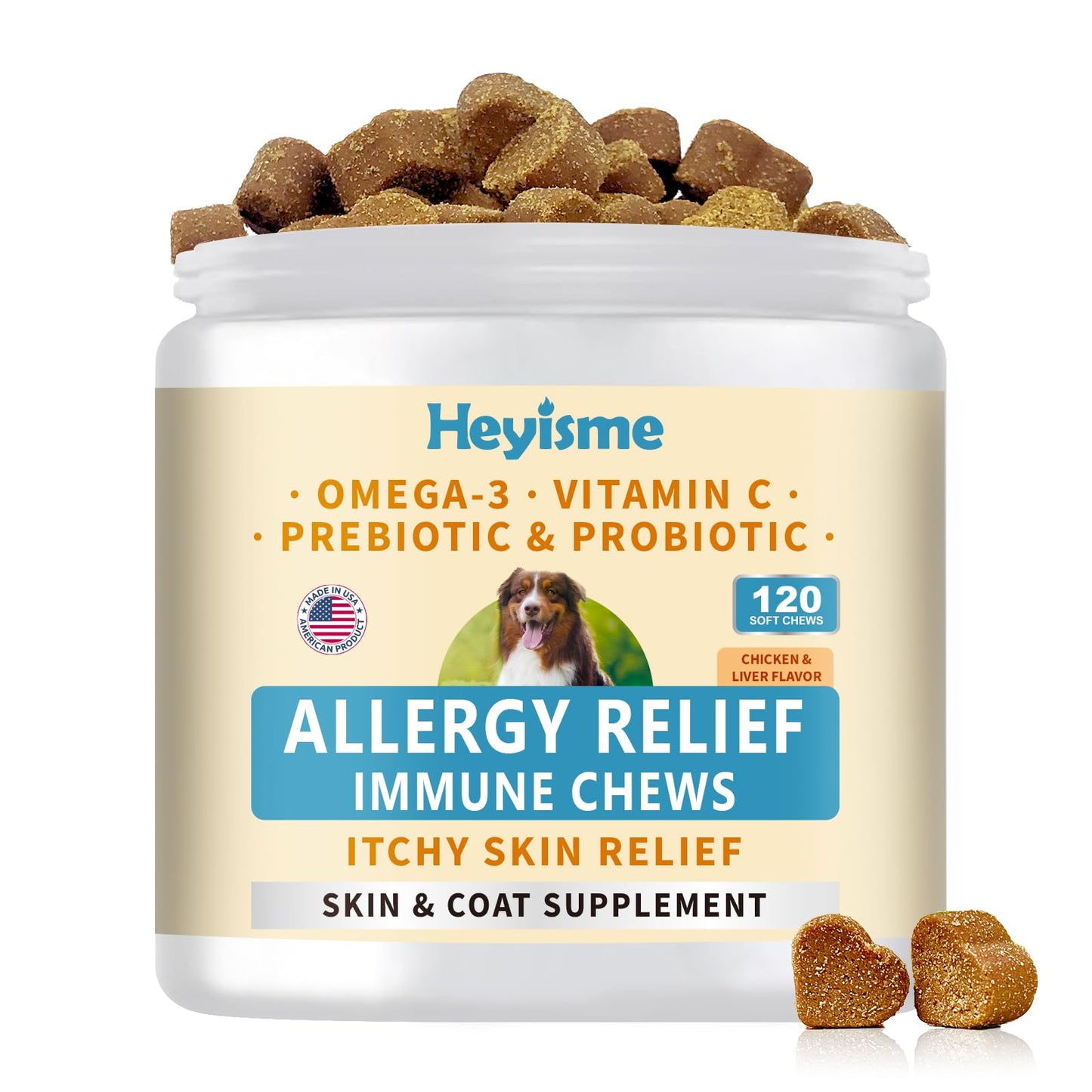 Dog Allergy Relief Chews, Itch Relief, Probiotics for Dogs, Omega-3 Fish Oil, Seasonal Allergy and Itchy Skin Treatment, Immune Support Supplement (120 Chews, Chicken)