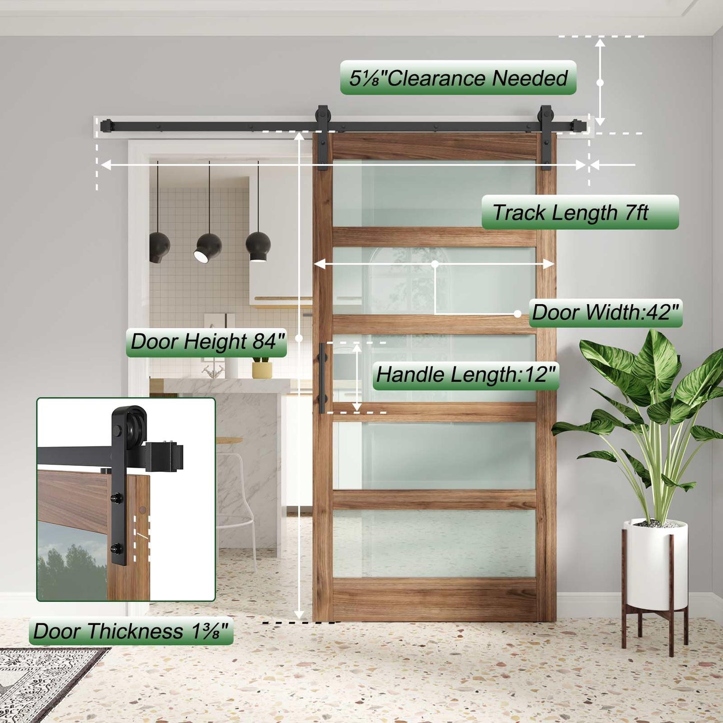 FREDBECK 42 x 84 inch Glass Barn Door with 7FT Barn Door Hardware Kit & Handle Included,5-Panel Frosted Glass,Wood Panel, Water-Proof Surface,Pre-Drilled Holes,Need Assembly