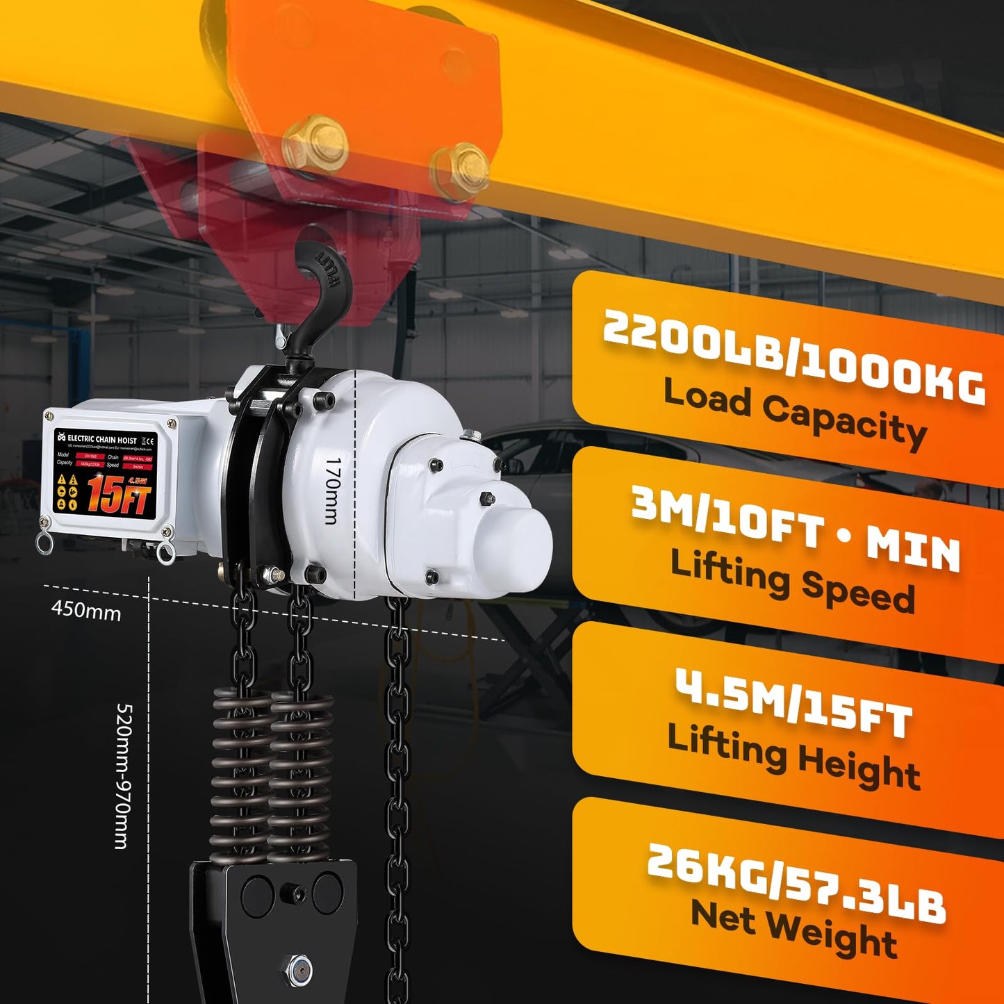 Mxmoonant 2200lb Electric Chain Hoist, G80 Double Chain 15ft Lifting Height, 1 Ton Overhead Power Crane Hoist w/19.7ft Wire Control & Emergency Stop for Garage Warehouse Factories 110V