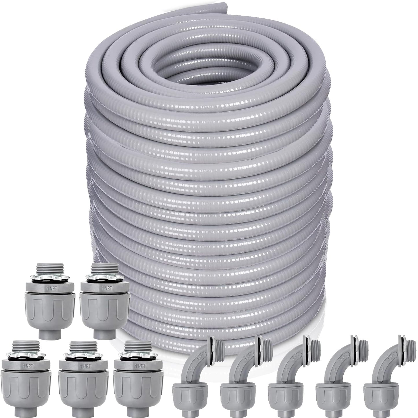 Feotech 1 Inch 150 FT Non Metallic Liquid-Tight Conduit and Connector Kit - Includes 5 Straight and 4 Angle Fittings for Electrical Wiring