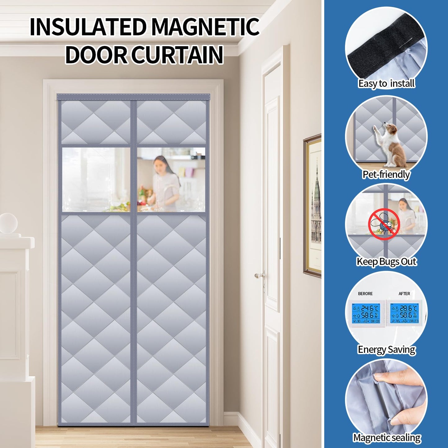 Magnetic Thermal Insulated Door Curtain with Detachable Visible Windows, Thicken Polyester Fiberfill & Durable Oxford Fabric, Hands Free Windproof Door Screen, Fits Door Size up to 36" x 82", Grey