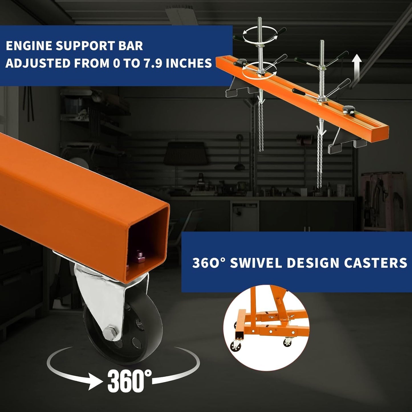 2 Ton Folding Hydraulic Engine Hoist with 59 in Load Leveler 4400 LBS Capacity Heavy Duty Cherry Picker 6 Swivel Wheels,Engine Support Bar 1100 LBS Capacity for Garage Workshop Warehouse Orange
