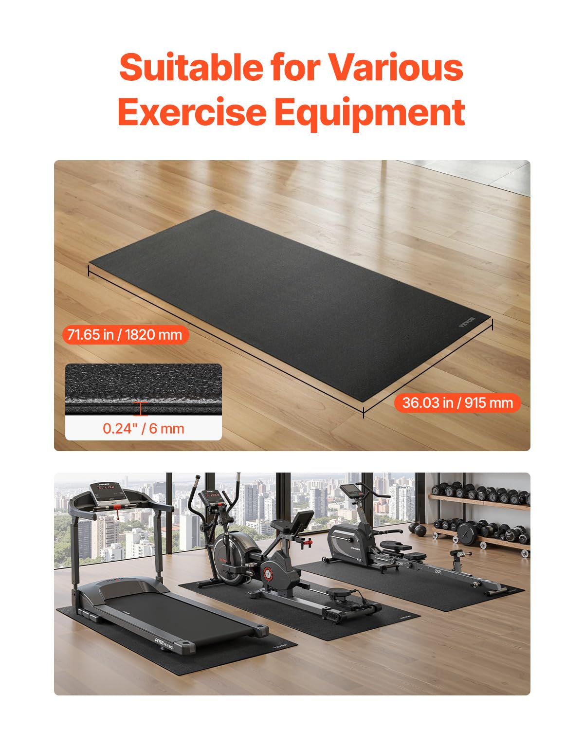VEVOR Treadmill Mat for Carpet Floor, 1/4" Thick, 36" x 72" Exercise Equipment Mat for Treadmills, Elliptical, Rowing Machine, High Density PVC Floor Protector, Waterproof and Non-slip for Home Gym