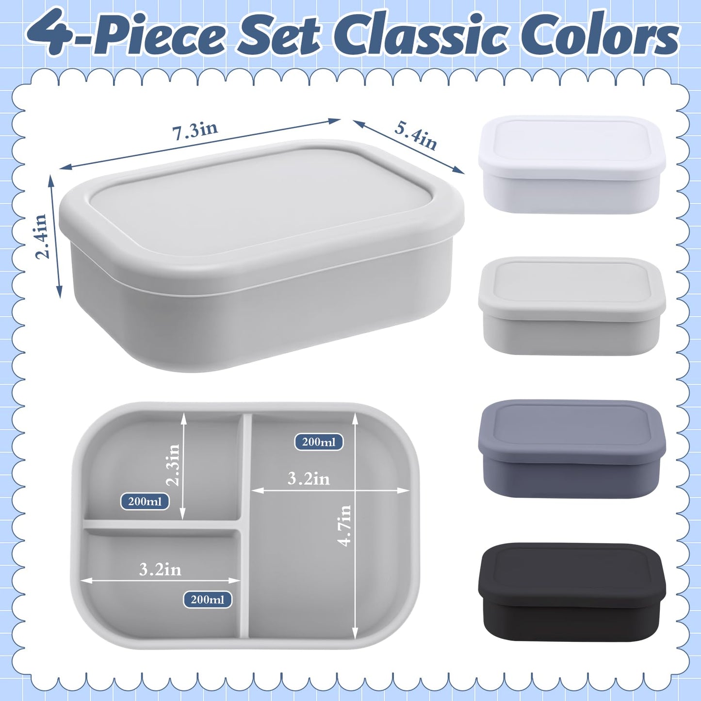 Honeydak 4 Pcs Silicone Bento Box for Adults, 3 Compartment Lunchable Food Container for Women Men, Leak Proof Microwave Dishwasher Freezer Safe (White,Grey,Dark Grey,Black)