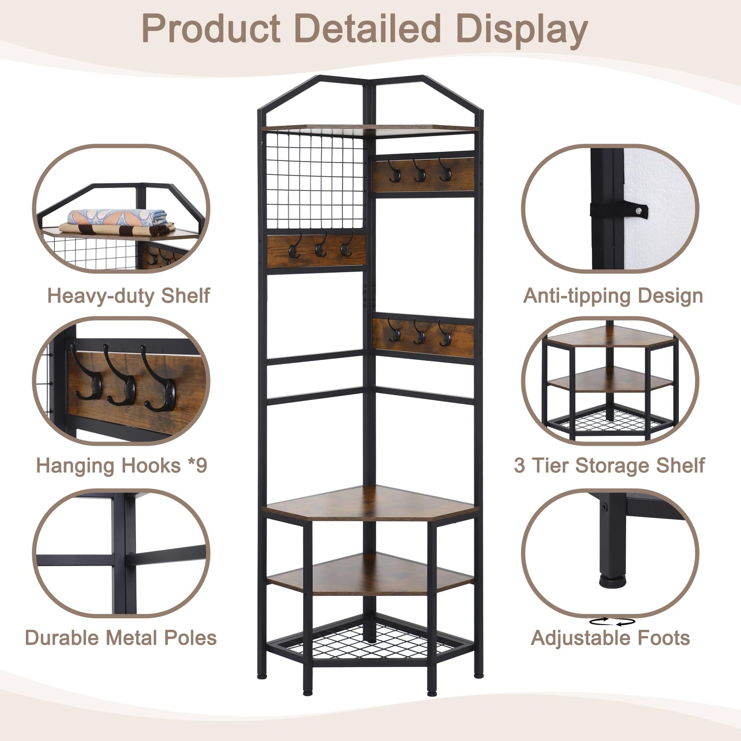 SIMHOMSTOR Heavy Duty Corner Hall Tree Organizer, 3-in-1 Industrial Freestanding Coat Storage Rack with Hooks and 4 Wooden Shelves for Entryway, Black