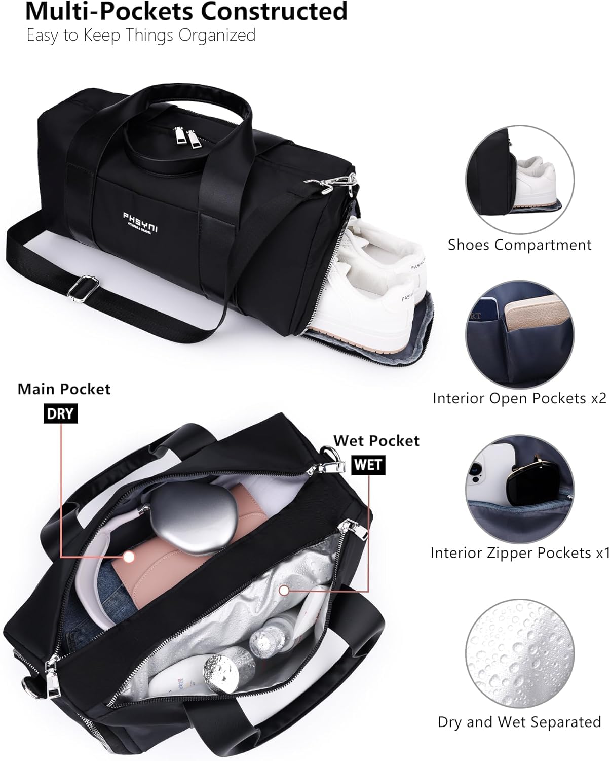 Sports Small Gym Bag for Women & Girls and Kids, Cute Mini Duffle Bag with Wet Pocket & Shoes Compartment, Personal Item Travel Workout Bag, 16"-Small, Black