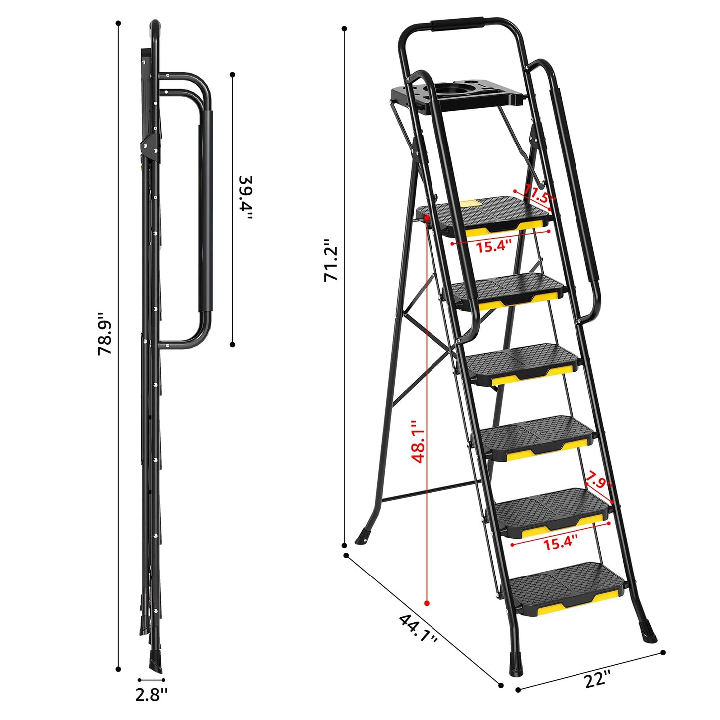 Urackify 6 Step Ladder with Tool Platform, Folding Step Stool with Handrails, Sturdy Steel Ladder with Wide Pedal, 800 LBS Portable Safety Ladder for Painting Home Outdoor Garage