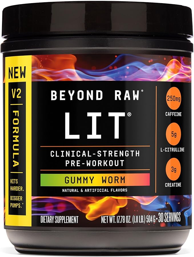 BEYOND RAW LIT V2 Clinical Strength Pre Workout Powder, Hits Harder, Bigger Pumps, Caffeine, L-Citrulline, Creatine, Gummy Worm, 30 Servings