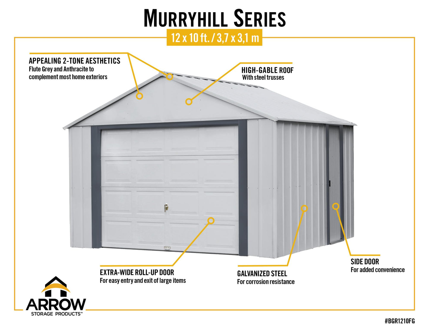 Arrow Shed 12' x 10' Murryhill Garage Galvanized Steel Extra Tall Walls Prefabricated Shed Storage Building, 12' x 10', Flute Gray