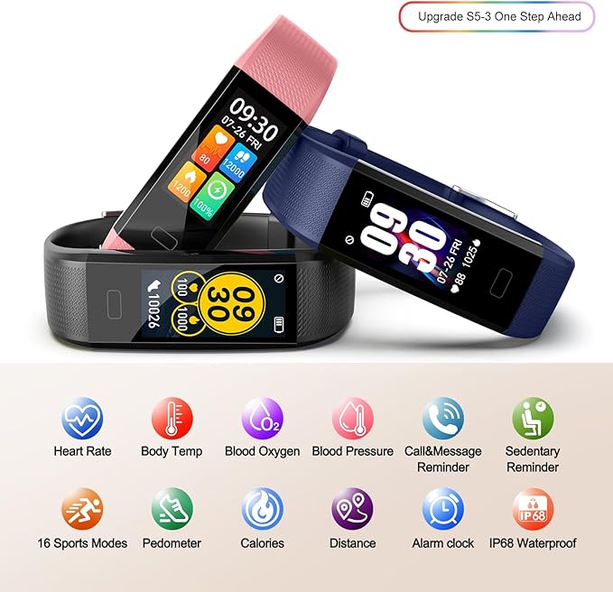 ENGERWALL Fitness Tracker with Step Counter/Calories/Stopwatch, Activity Tracker with Heart Rate Monitor, IP68, Health Tracker with Sleep Tracker, Smartwatch, Pedometer Watch for Women Men Kids