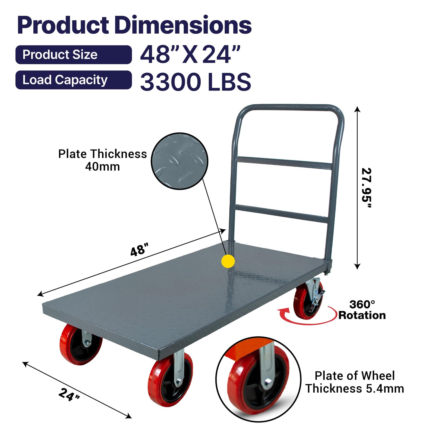 5Seconds Flatbed Platform Cart 3300LB Industrial Dolly Heavy Duty 48” x 24” Platform Hand Push Truck Super Heavy Duty Diamond Plate Flatbed Cart 8'' Swivel Wheels with Lock