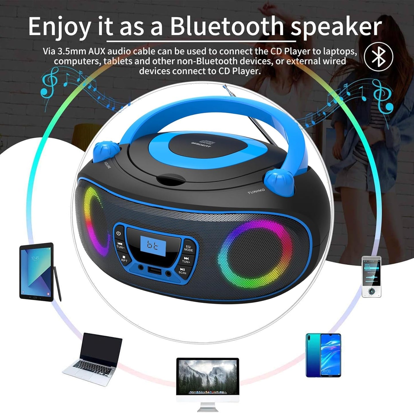 WIITHINK MP3 Jack,MP3 Portable Radio CD Player Boombox with Bluetooth,FM Radio,USB Playback,AUX-in,Headphone CDs