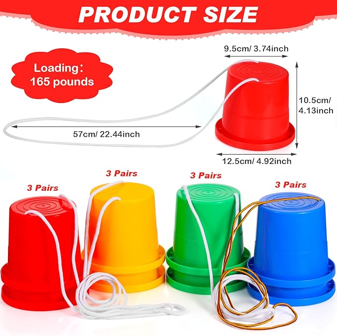 Hungdao 12 Pairs Balancing Stilts for Kids Walking Bucket Stilts Plastic Walking Toy with Adjustable Rope for Preschool Playground Indoor Outdoor Obstacle Course Games, 4 Colors