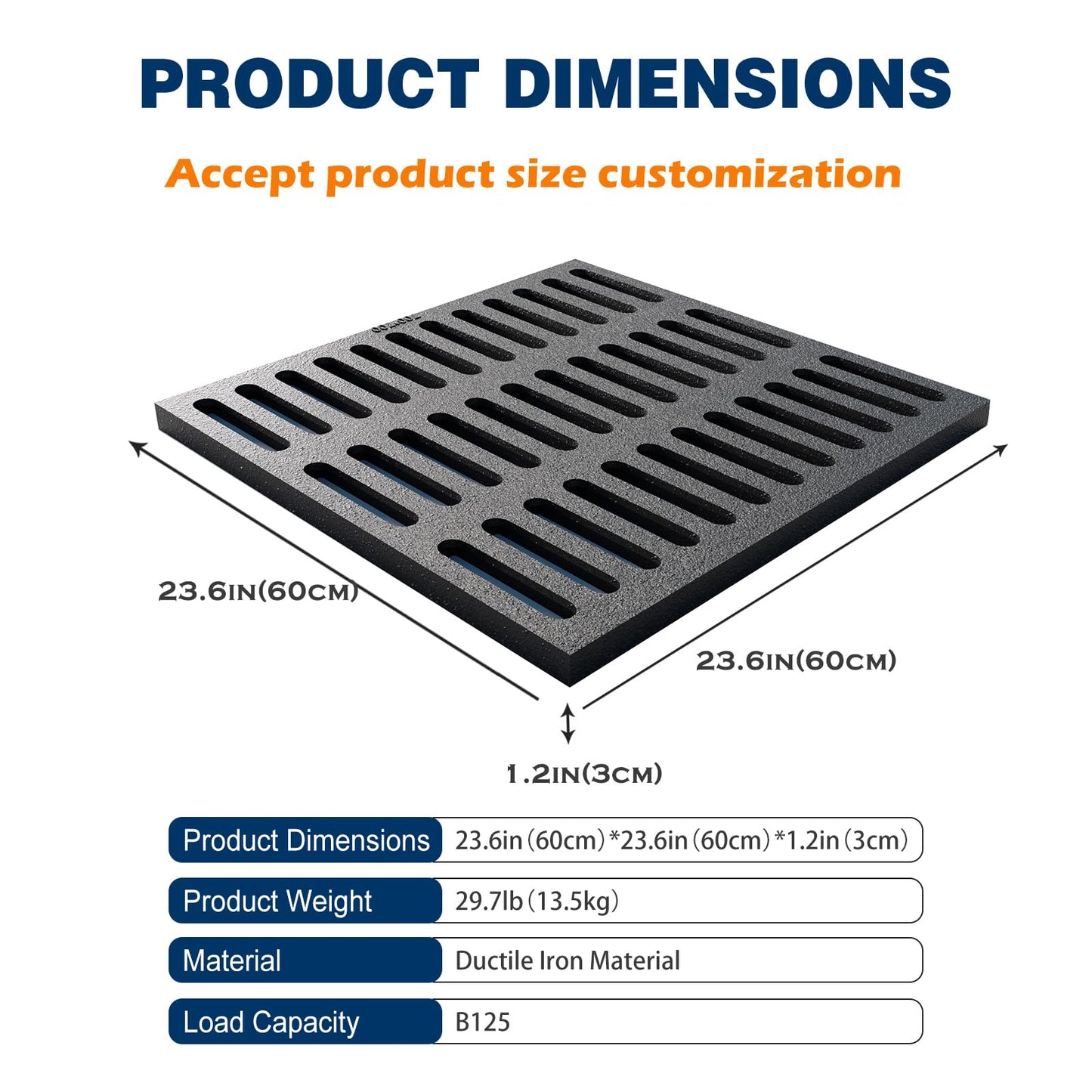 Cast Iron Drain Grate, 24 * 24in Outdoor Drain Cover, B125 Class Ductile Iron Channel Drainage Grates, Heavy Duty Sewer Grate,Black Square Drain Grate for Yard,Driveway,Concrete Floor.