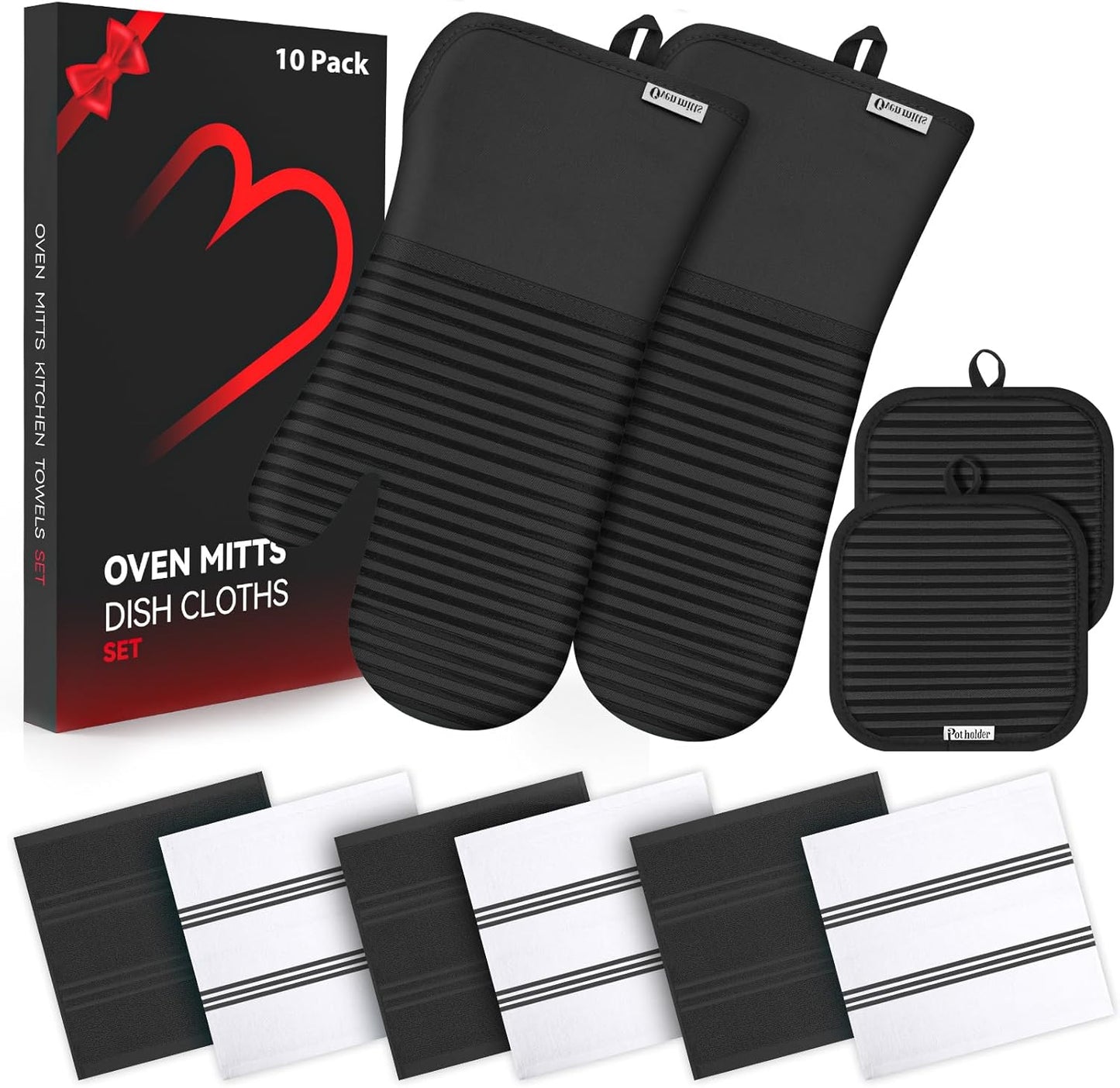 Skiennix Oven Mitts & Pot Holder Set - 500°F Heat Resistant Silicone Grip | 6 Pack Cotton Dish Towels - Black Kitchen Essentials