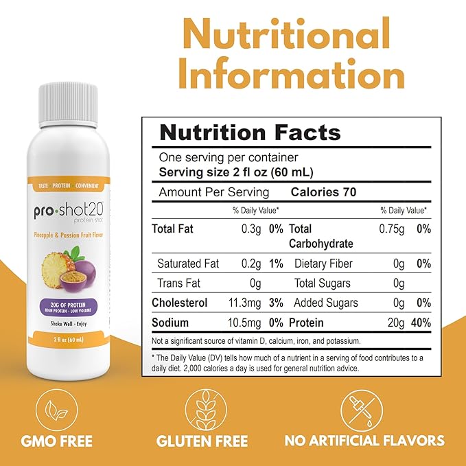 Pro-Shot20 Protein Shot Pineapple & Passion Fruit Flavor, 60 mL, 12-Pack- 20g Whey Protein & Hydrolyzed Collagen Drink- Low Calorie, Low Carb, Gluten Free, No Aspartame, Ready to Drink
