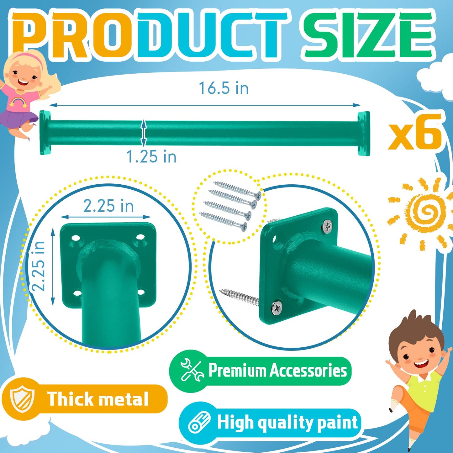 Dunzy 6 Pack 16.5 Inch Monkey Bars Playground Ladder Rungs Monkey Bar Kit Playground Accessories Ladder Rungs Swing Set Grab Handles for Kids Backyard Outdoor Indoor Jungle Climbing(16.5 Inch,Green)