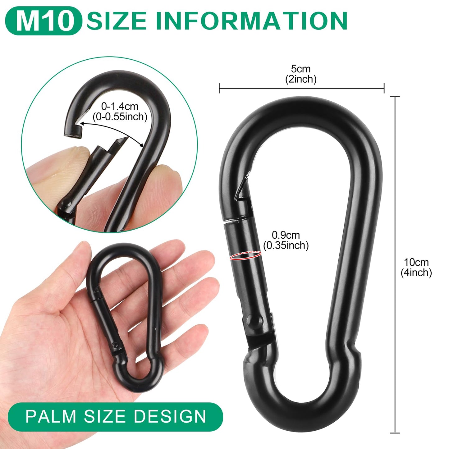 2 Pack Black Carbon Steel Carabiner Clip, 4 inch Heavy Duty Spring Snap Hook, Carabiner Clips for Outdoor Camping, Swing, Hammock, Fishing, Weight Lifting Machine